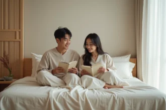 Jeune couple lisant sur un matelas latex japonais dans une chambre minimaliste