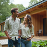 Jeune couple souriant devant maison en bois moderne