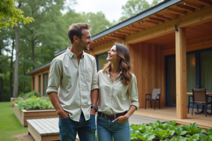 Jeune couple souriant devant maison en bois moderne