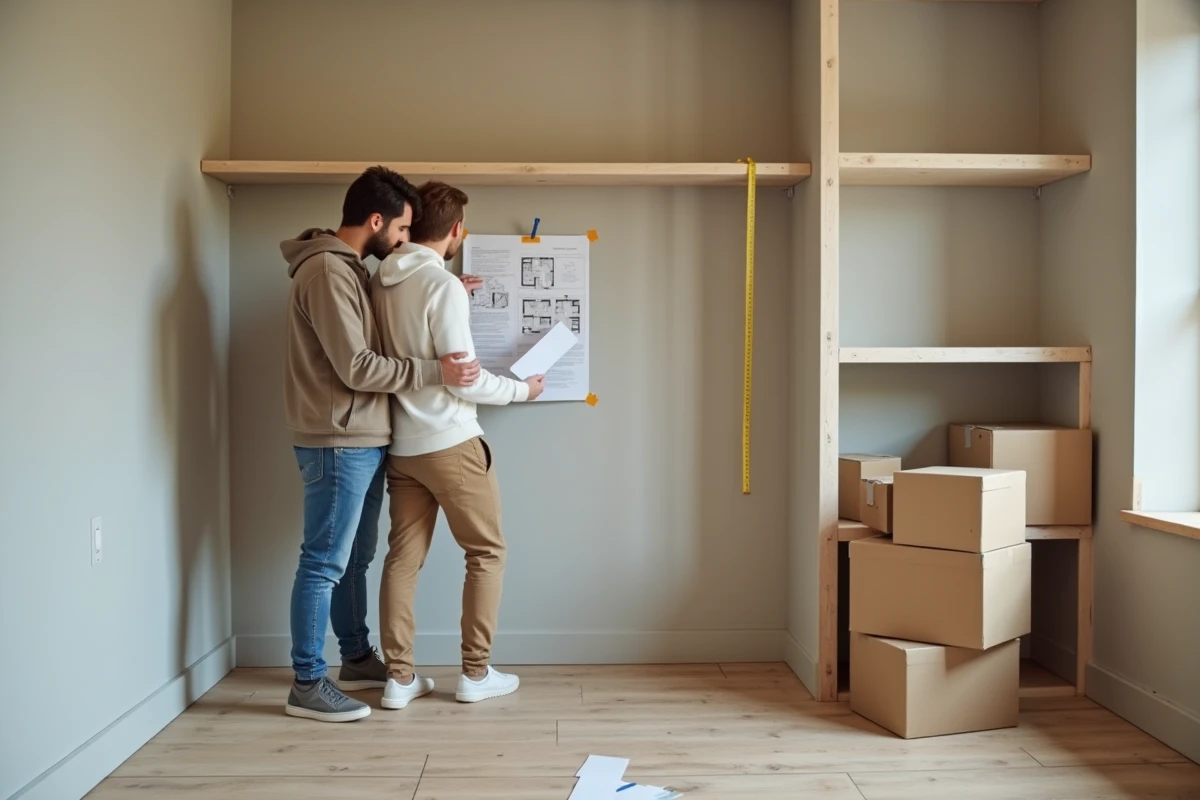 Couple mesurant l'espace d'un dressing en construction avec un mètre ruban et un plan imprimé fixé au mur