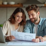 Jeune couple examine devis de renovation dans la cuisine