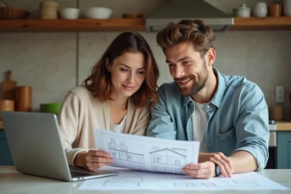 Jeune couple examine devis de renovation dans la cuisine