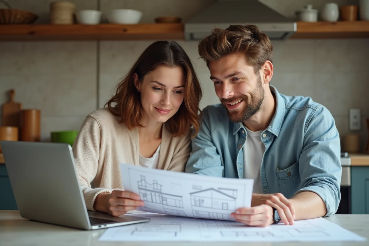 Jeune couple examine devis de renovation dans la cuisine