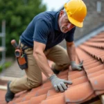 Couvreur posant des tuiles en terre cuite sur une charpente en bois lors de travaux de toiture sur maison individuelle