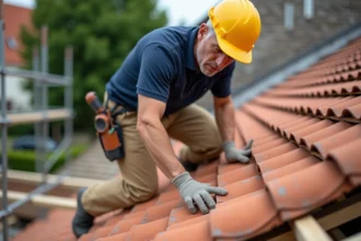 Couvreur posant des tuiles en terre cuite sur une charpente en bois lors de travaux de toiture sur maison individuelle