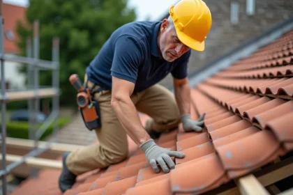 Couvreur posant des tuiles en terre cuite sur une charpente en bois lors de travaux de toiture sur maison individuelle