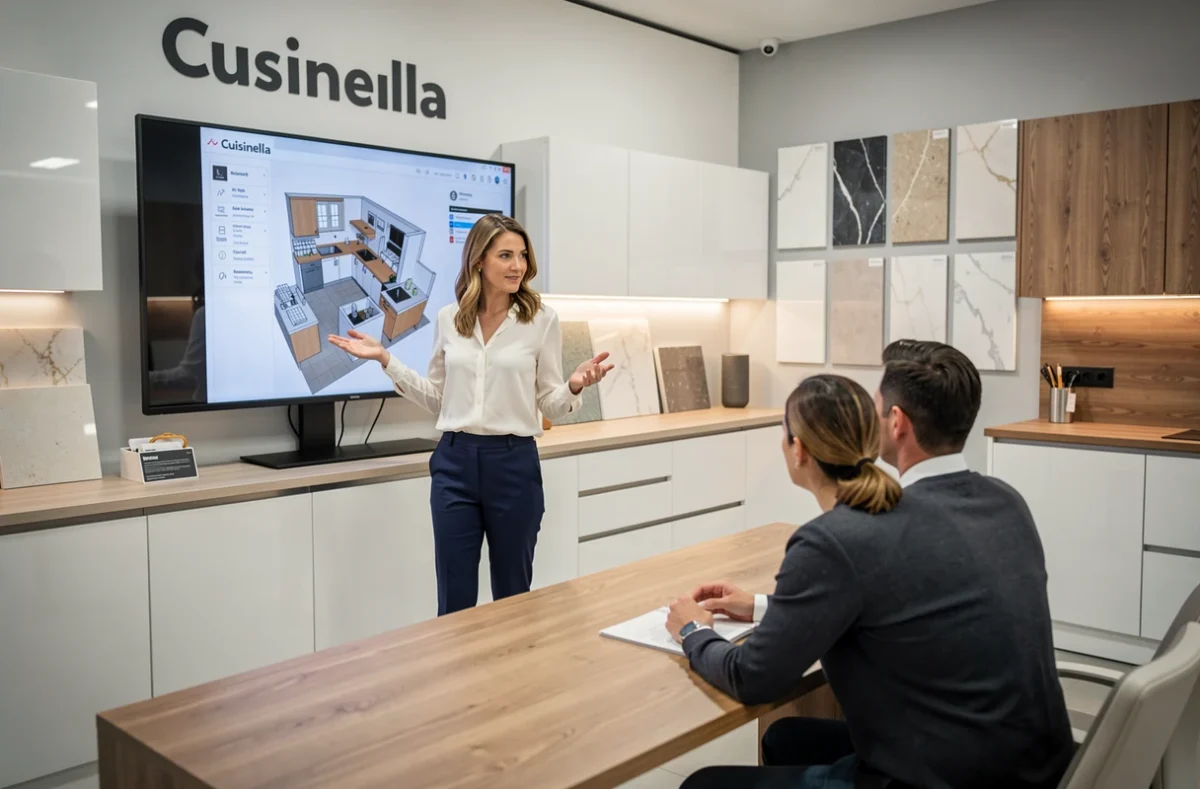 Conseillère de Cuisinella Besançon présentant un projet de cuisine 3D à un couple dans le showroom