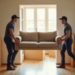 Déménageurs professionnels portant un canapé dans un appartement lumineux