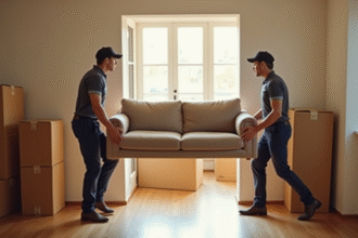 Déménageurs professionnels portant un canapé dans un appartement lumineux