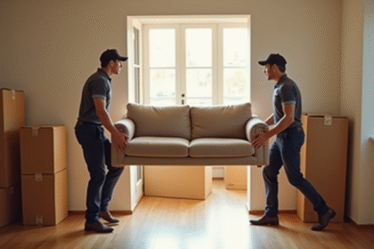 Déménageurs professionnels portant un canapé dans un appartement lumineux