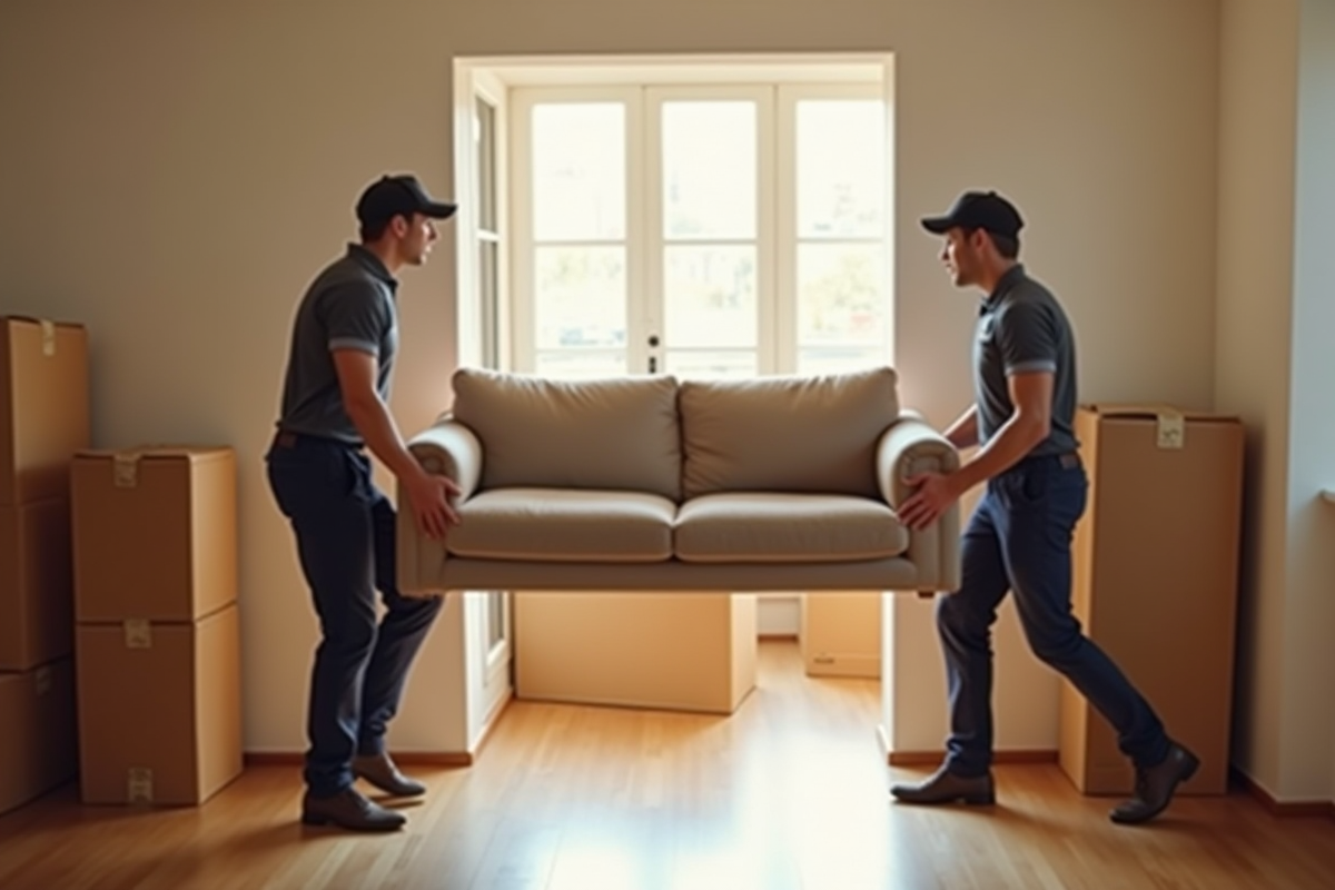Déménageurs professionnels portant un canapé dans un appartement lumineux