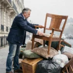Homme déposant un fauteuil cassé sur un tas d'encombrants sur un trottoir parisien devant un immeuble haussmannien