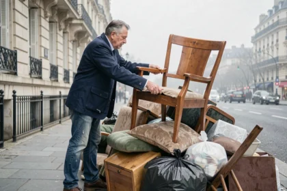Homme déposant un fauteuil cassé sur un tas d'encombrants sur un trottoir parisien devant un immeuble haussmannien