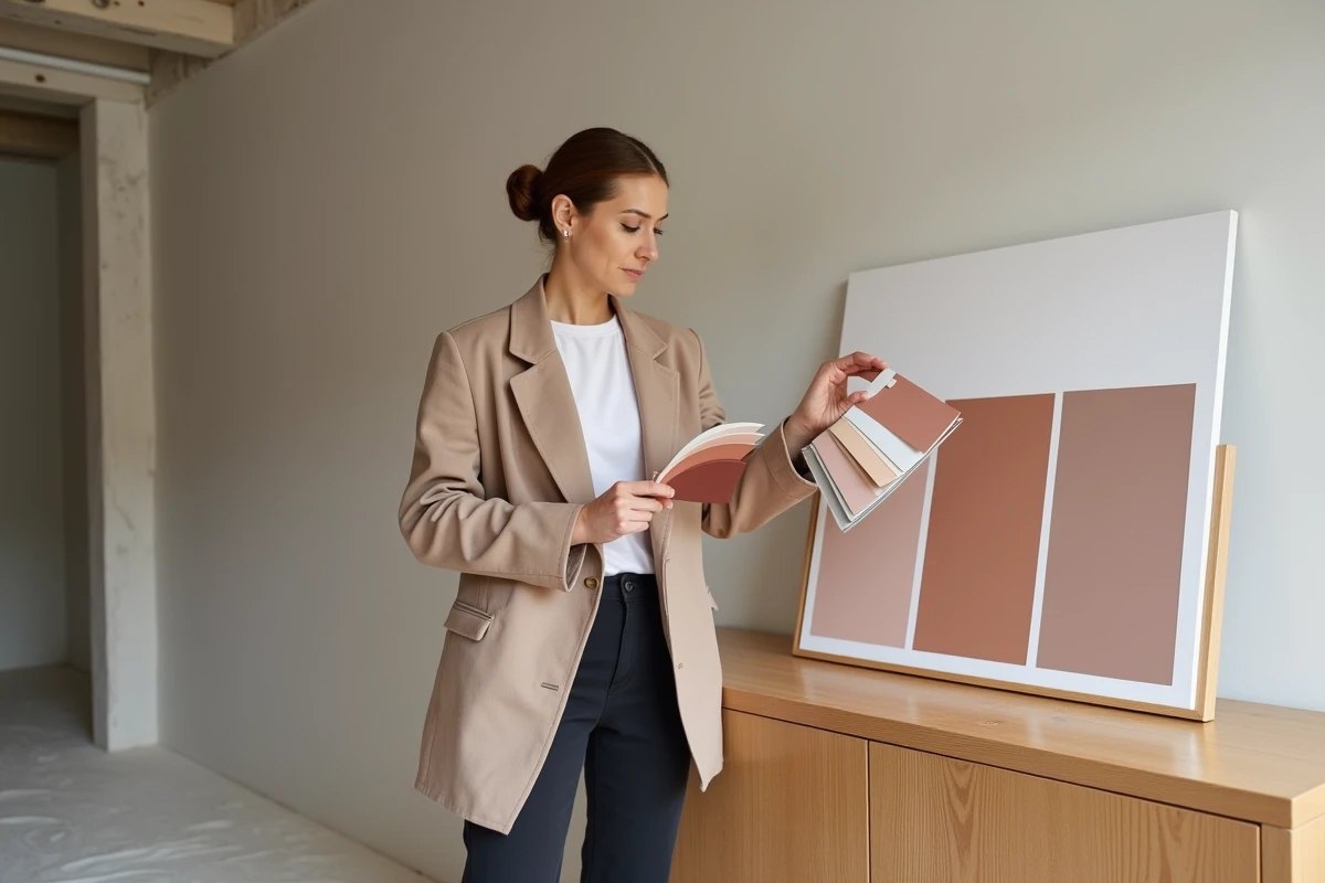 Designer d'intérieur comparant des échantillons de peinture rose poudré et terracotta contre un buffet en chêne scandinave pour trouver l'accord parfait