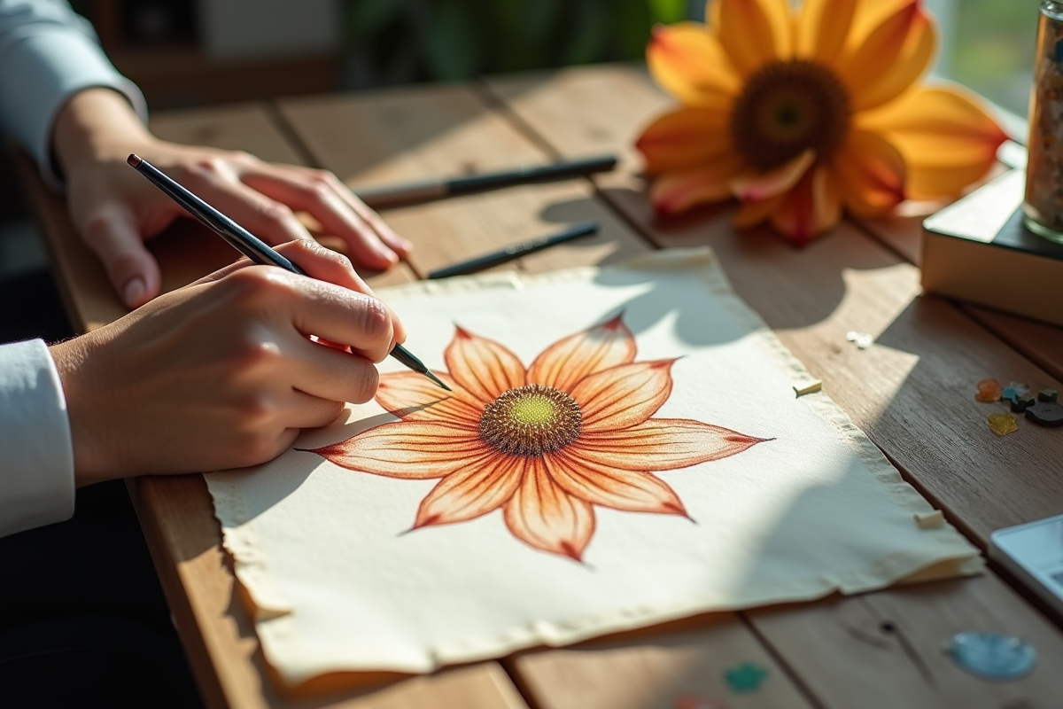 Mains d’artiste esquissant une fleur de nuphar sur papier