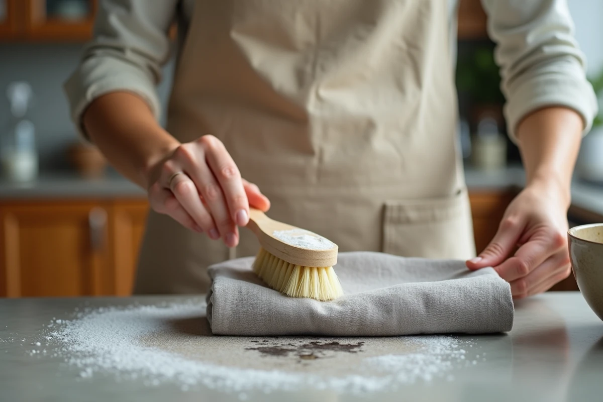 Femme appliquant un détachant naturel maison au bicarbonate sur tissu gris avec une brosse