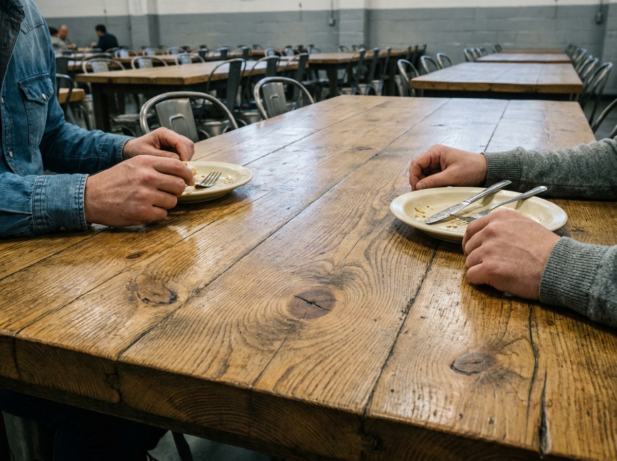 Détail de la surface en bois recyclé d'une table de réfectoire avec mains et couverts posés dessus dans une salle à manger institutionnelle