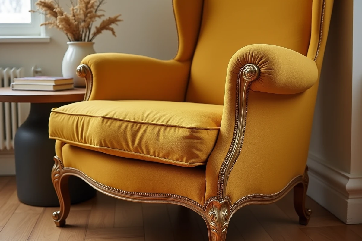 Détail du passepoil cousu main sur un fauteuil Voltaire restauré en tissu jaune moutarde avec pied doré sculpté