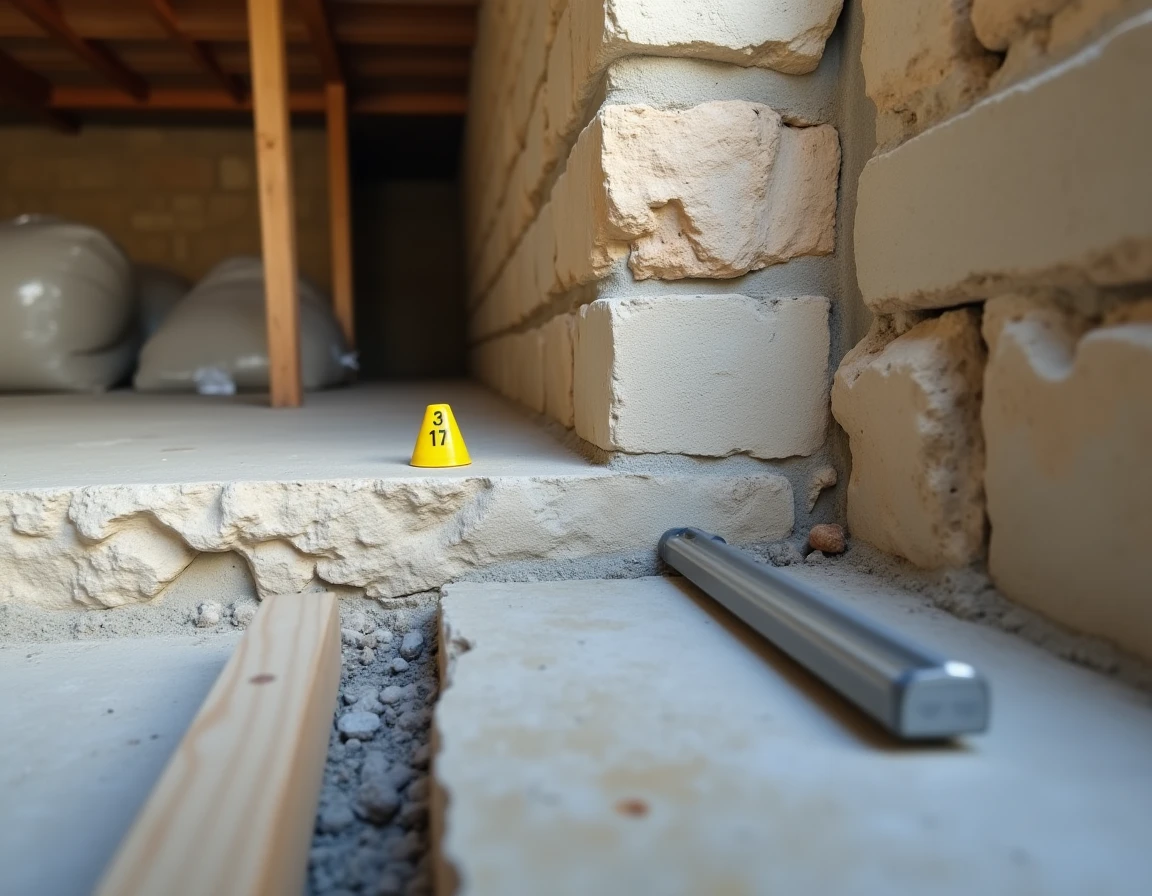 Détail d'un mur de refend en pierre ancienne avec poutre de renfort béton dans une maison rurale française en rénovation structurelle