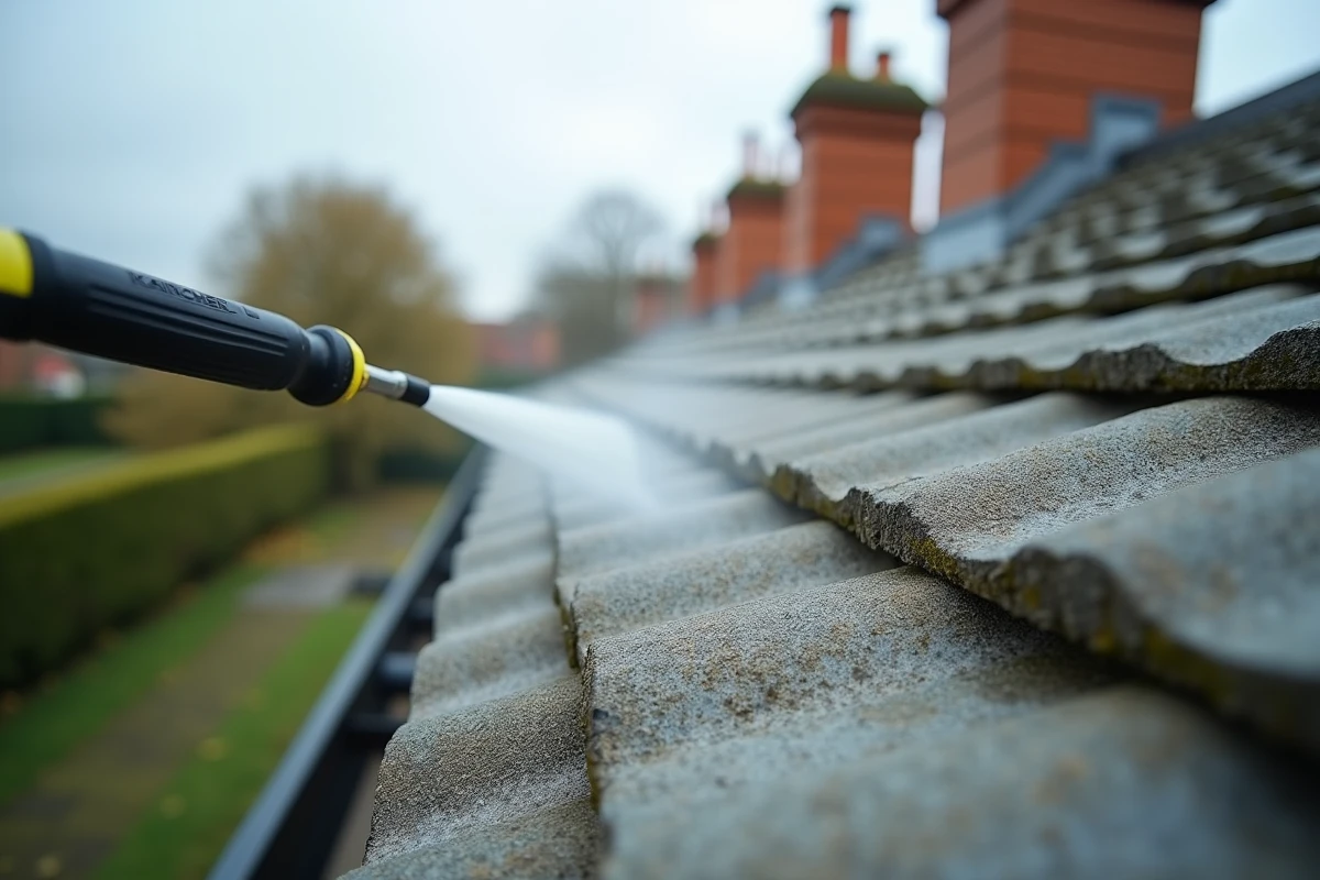 Gros plan sur des tuiles de toiture montrant le contraste avant et après nettoyage au Karcher avec élimination de la mousse