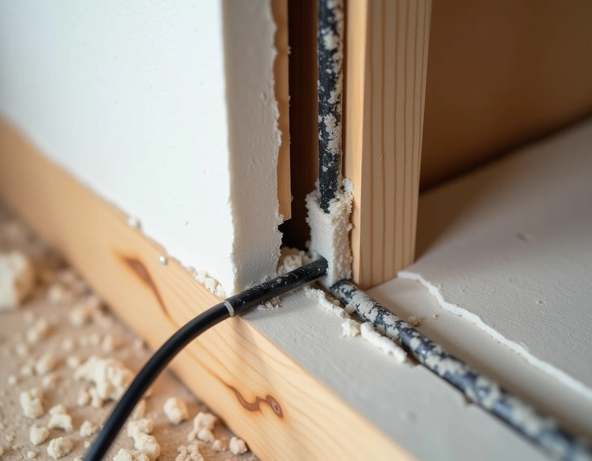 Détail de la jonction entre câbles électriques et isolation thermique en polystyrène révélant un pont thermique dans un mur de rénovation