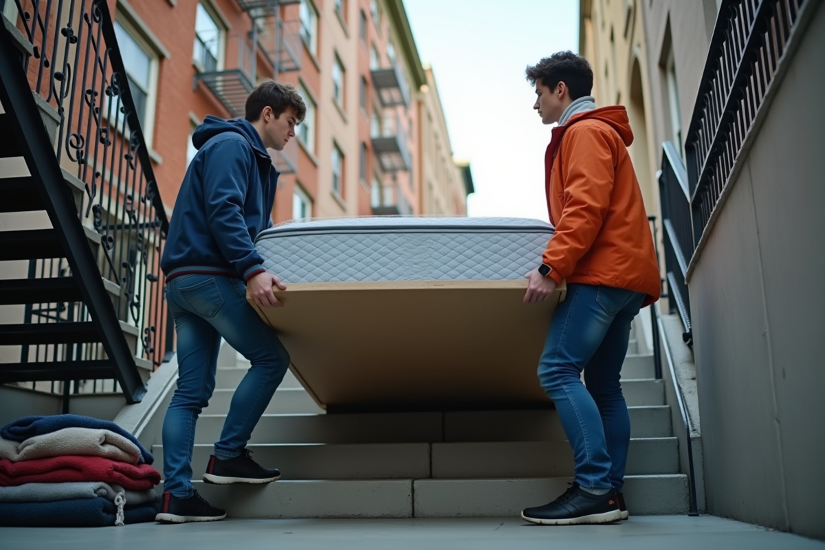 Deux jeunes hommes transportant un sommier dans un escalier urbain