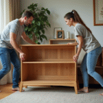 Homme et femme déplaçant une grande bibliothèque en bois
