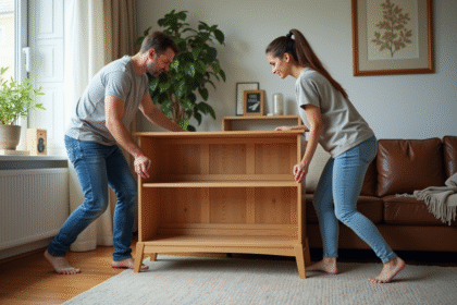 Homme et femme déplaçant une grande bibliothèque en bois