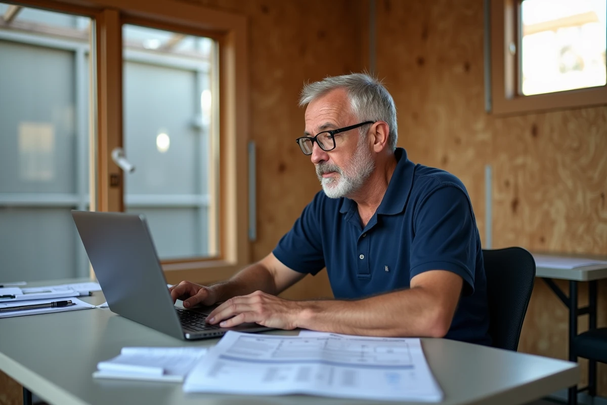 Chef de projet consultant un devis de béton toupie au m3 dans un bureau de chantier temporaire
