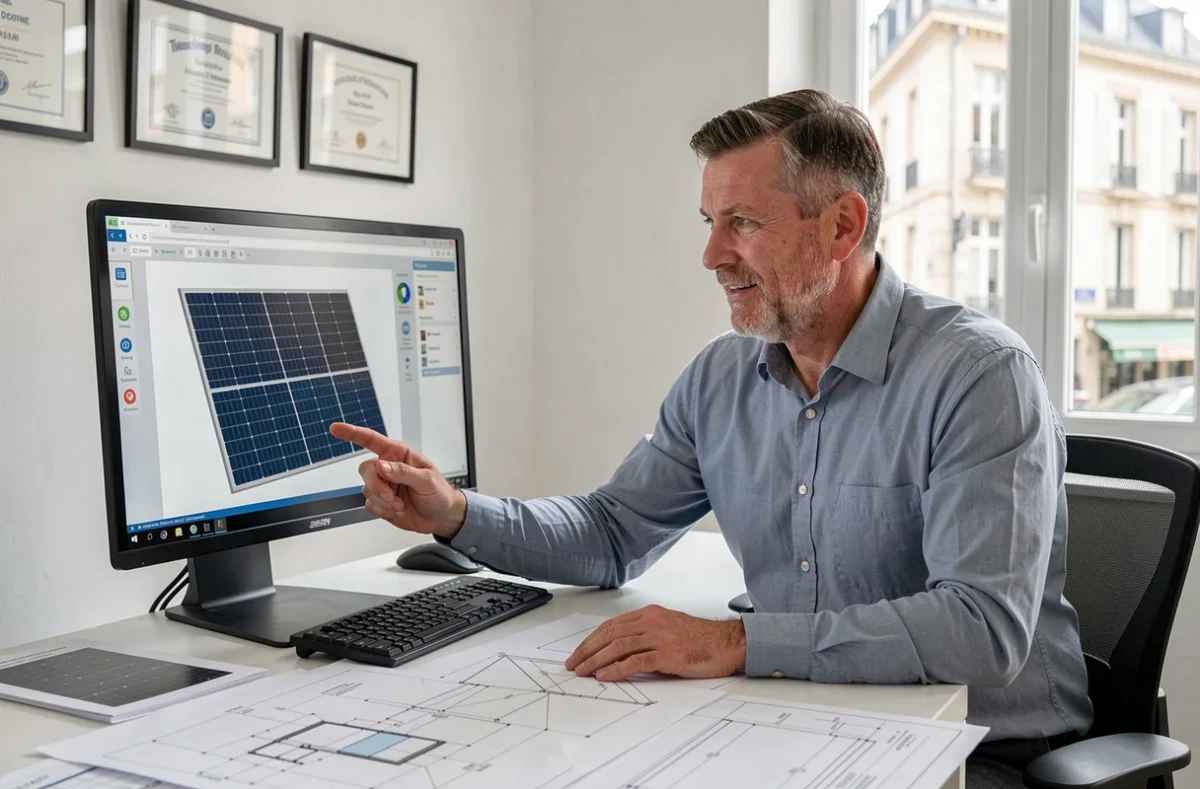 Consultant de DGC Consulting analysant des plans d'installation photovoltaïque dans un bureau d'études professionnel