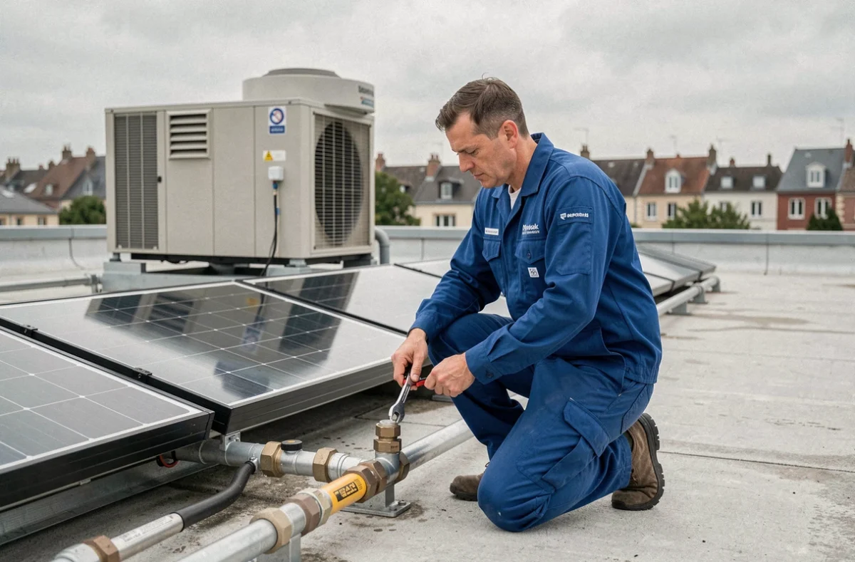 Technicien de DGC Damotte Génie Climatique installant un système de solaire thermique sur un toit commercial en Bourgogne