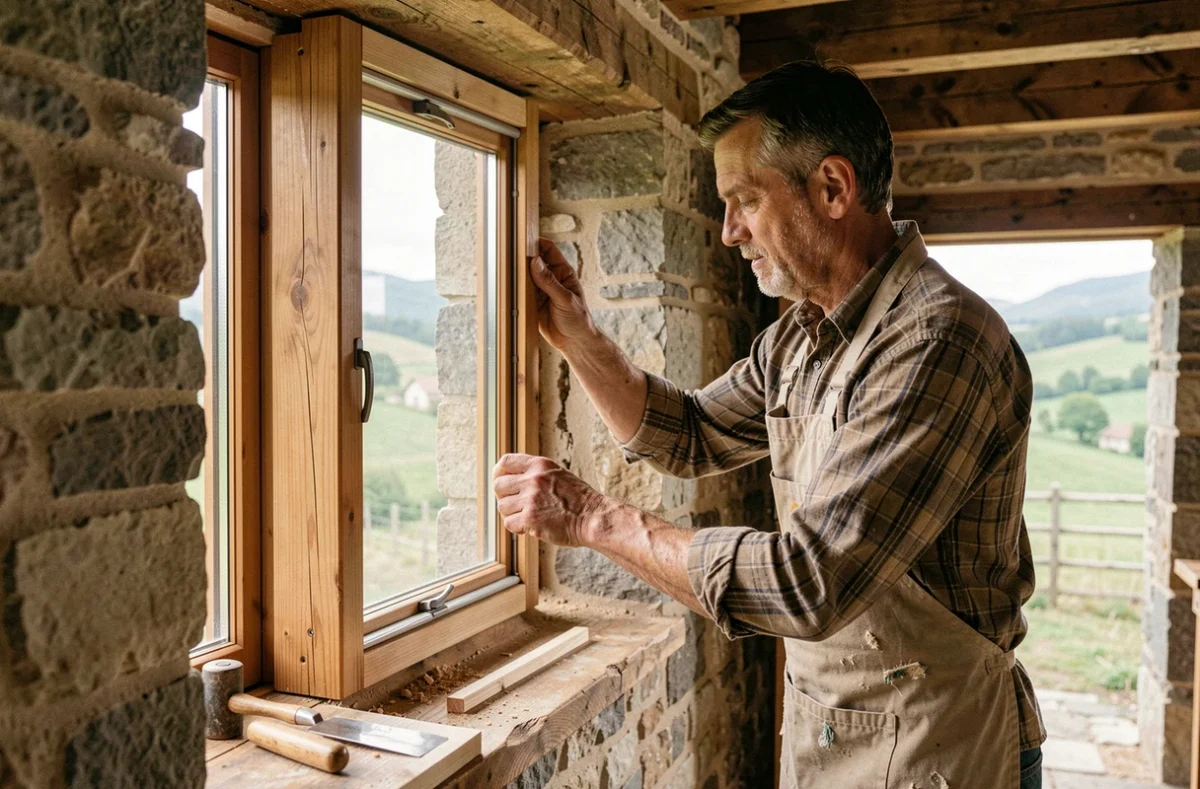 Menuisier D.m.l posant un cadre de fenêtre en bois dans une ferme rénovée en Isère