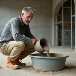 Ouvrier du bâtiment dosant précisément le sable dans une bétonnière sur un chantier de construction pour réaliser une chape mortier sans fissures