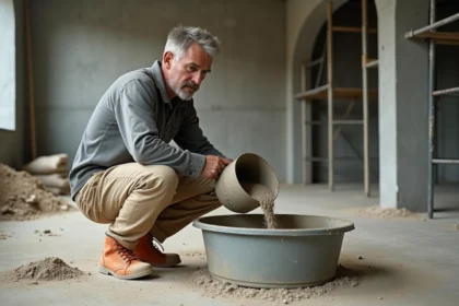 Ouvrier du bâtiment dosant précisément le sable dans une bétonnière sur un chantier de construction pour réaliser une chape mortier sans fissures