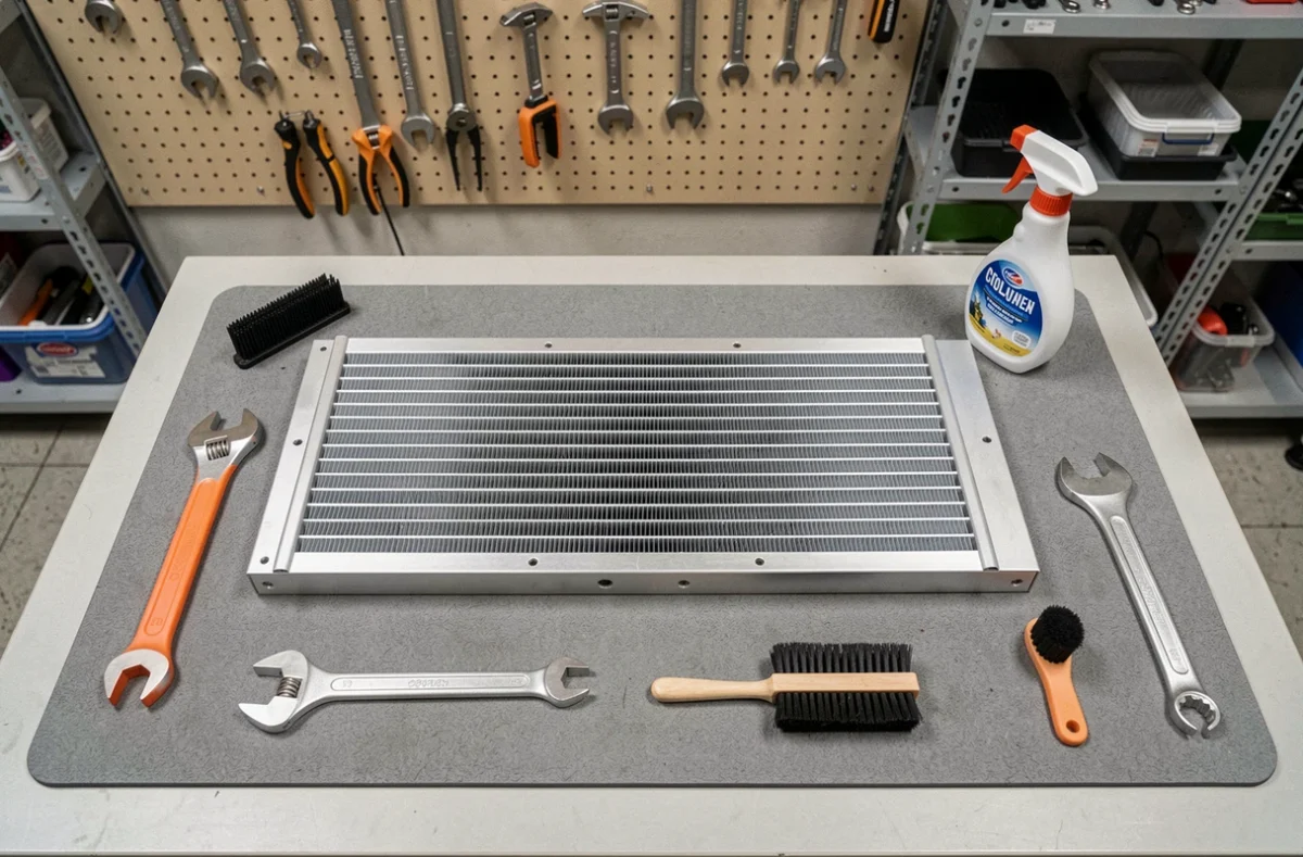 Échangeur de pompe à chaleur démonté sur un établi d'atelier entouré d'outils de maintenance HVAC