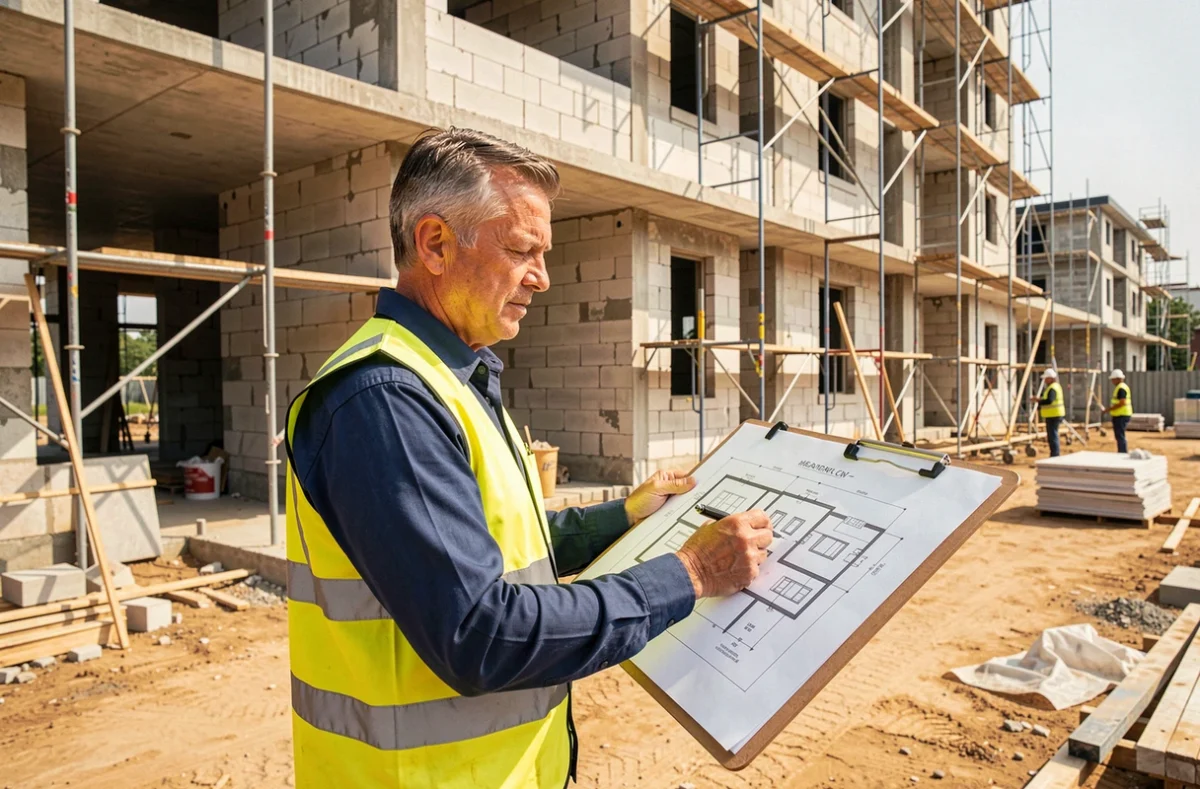 Responsable EDIFICI Batiment examinant des plans de construction devant une façade résidentielle en chantier