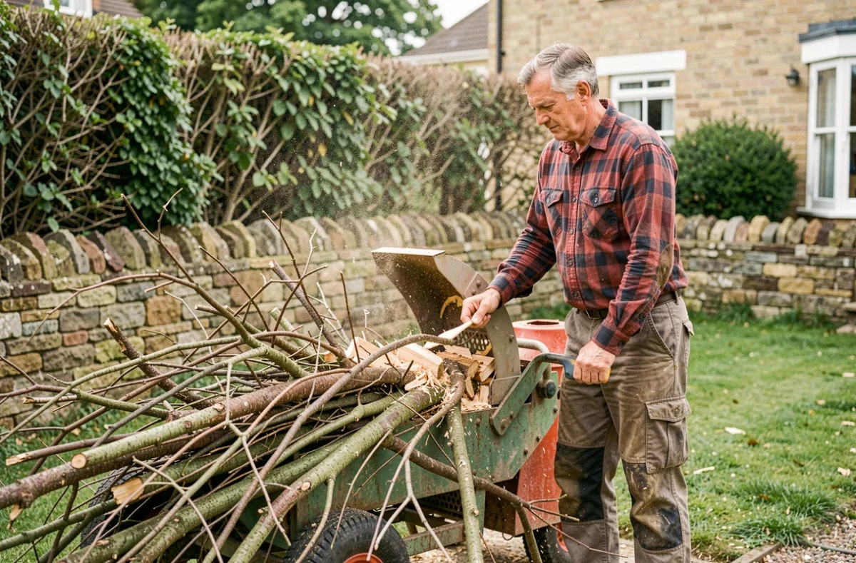 Élagueur âgé alimentant un broyeur de branches dans un jardin privé avec des résidus d'élagage