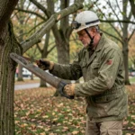 Élagueur professionnel utilisant une scie manuelle pour tailler une branche d'arbre dans un parc urbain