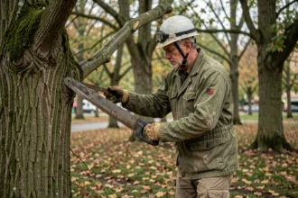 Élagueur professionnel utilisant une scie manuelle pour tailler une branche d'arbre dans un parc urbain