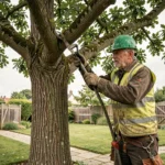 Élagueur professionnel taillant un grand chêne dans un jardin de maison pavillonnaire française