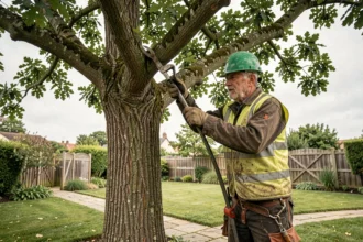 Élagueur professionnel taillant un grand chêne dans un jardin de maison pavillonnaire française