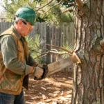 Élagueur professionnel utilisant une scie manuelle pour tailler une branche basse d'un pin dans un jardin résidentiel
