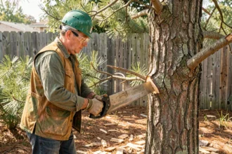 Élagueur professionnel utilisant une scie manuelle pour tailler une branche basse d'un pin dans un jardin résidentiel
