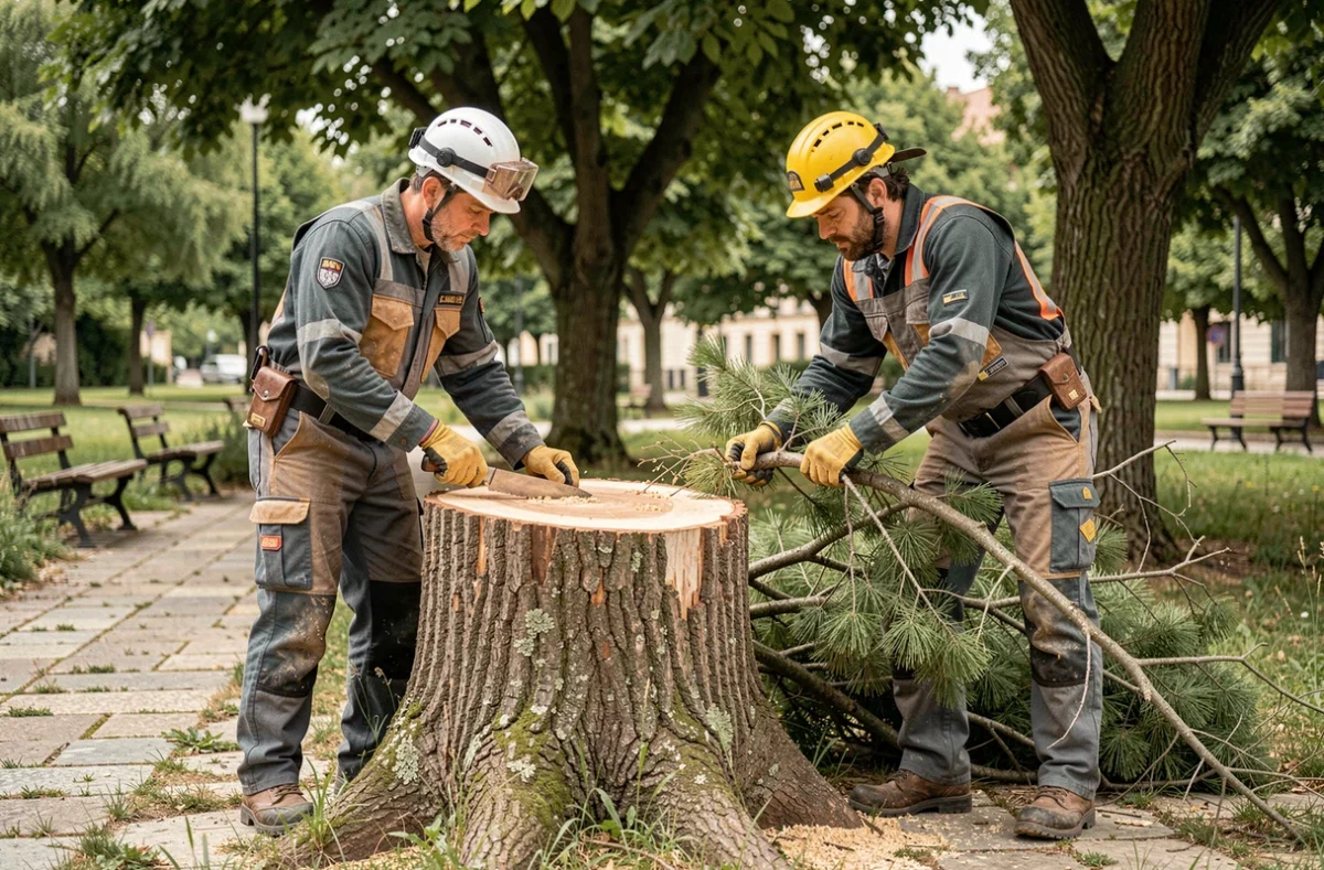 Deux élagueurs inspectant un tronc d'arbre coupé dans un parc public près d'Agde