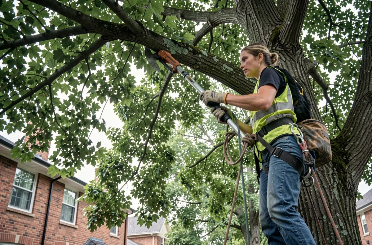 Élagueuse en hauteur dans un arbre avec harnais et perche élagueuse dans une rue résidentielle