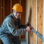 Électricien faisant passer des conduits électriques dans un mur en cours d'isolation thermique lors d'une rénovation résidentielle