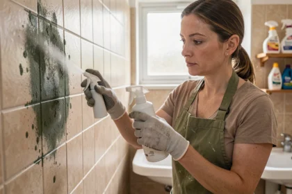 Femme appliquant un produit anti-moisissure sur un mur de salle de bain avec des carreaux beiges tachés de champignon