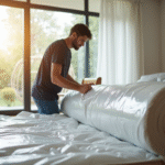 Personne emballant un matelas dans un salon lumineux