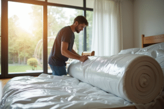 Personne emballant un matelas dans un salon lumineux