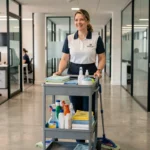 Employée de société de ménage en uniforme poussant un chariot de nettoyage dans un bureau moderne